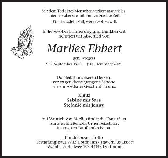 Traueranzeige von Marlies Ebbert von Ruhr Nachrichten