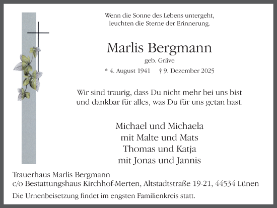 Traueranzeige von Marlis Bergmann von Lüner Anzeiger