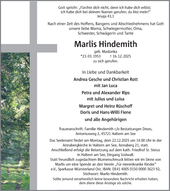 Traueranzeige von Marlis Hindemith von Ruhr Nachrichten und Halterner Zeitung