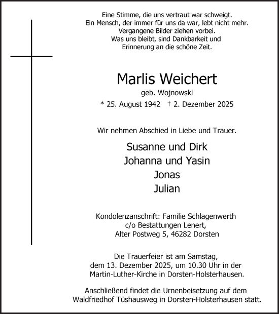 Traueranzeige von Marlis Weichert von Ruhr Nachrichten und Dorstener Zeitung