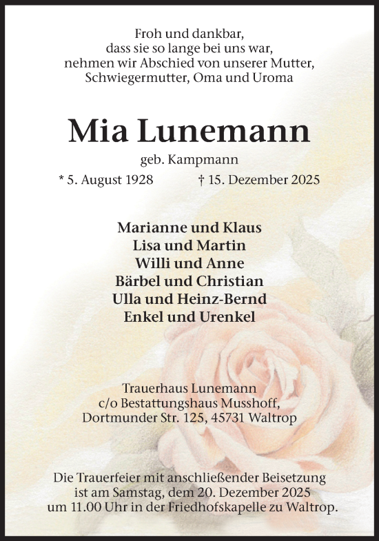 Traueranzeige von Mia Lunemann von Trauer Vest