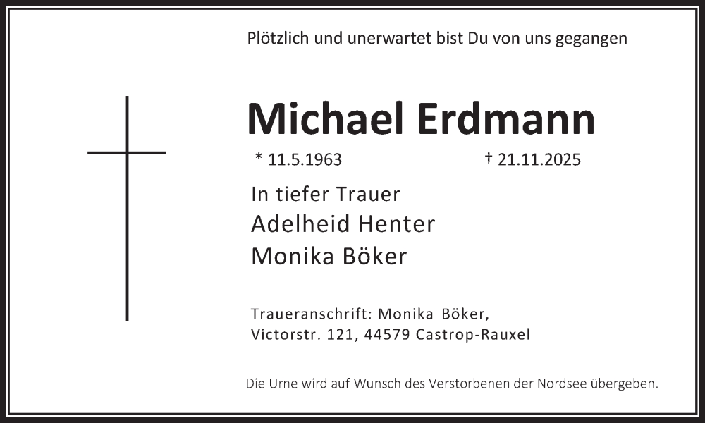  Traueranzeige für Michael Erdmann vom 06.12.2025 aus Stadtanzeiger Castrop-Rauxel