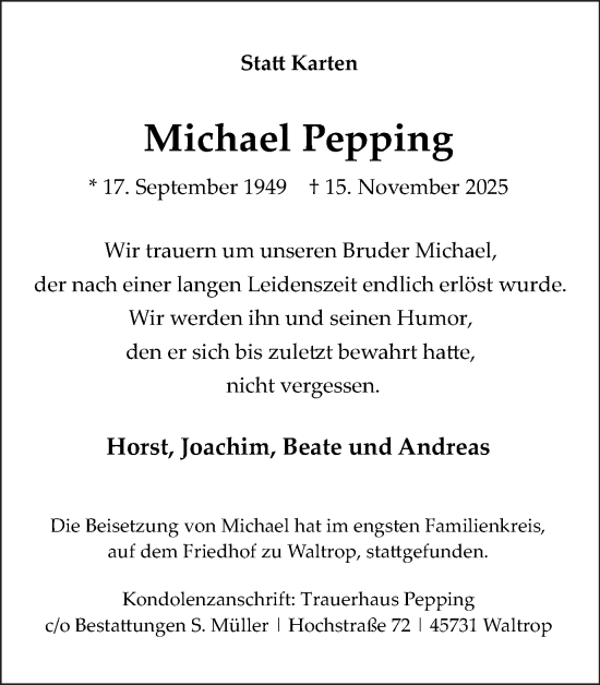 Traueranzeige von Michael Pepping von Trauer Vest