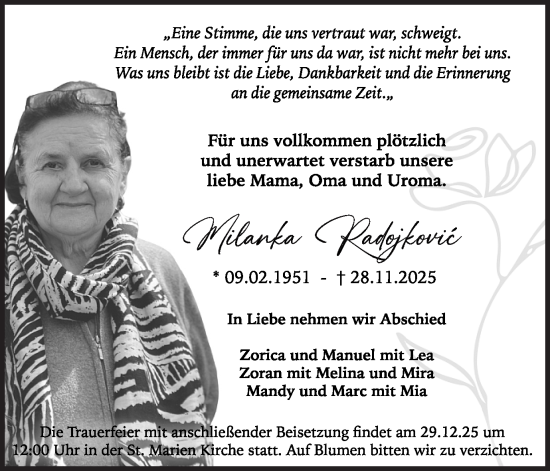 Traueranzeige von Milanka Radojkovic von Ruhr Nachrichten und Dorstener Zeitung