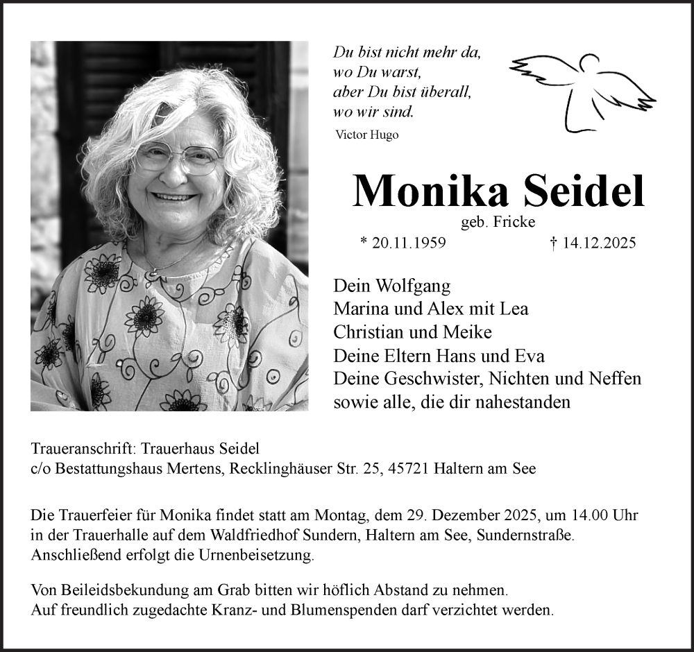  Traueranzeige für Monika Seidel vom 20.12.2025 aus Ruhr Nachrichten und Halterner Zeitung