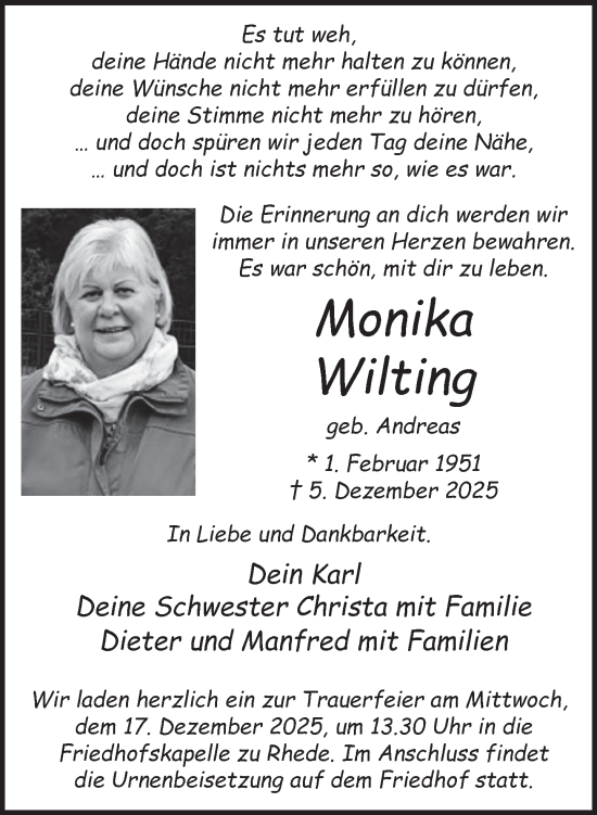 Traueranzeige von Monika Wilting 