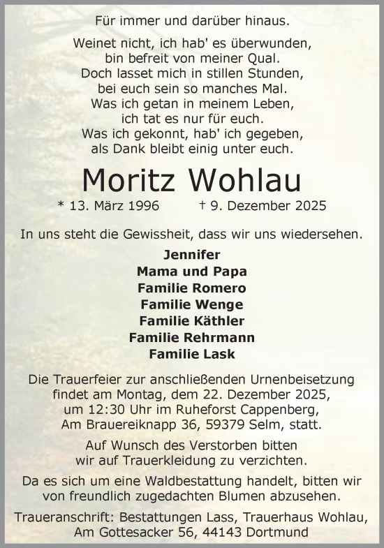 Traueranzeige von Moritz Wohlau von Ruhr Nachrichten