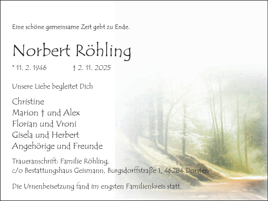 Traueranzeige von Norbert Röhling von Ruhr Nachrichten und Dorstener Zeitung