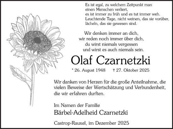 Traueranzeige von Olaf Czarnetzki von Stadtanzeiger Castrop-Rauxel