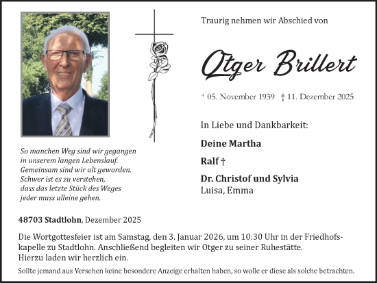 Traueranzeige von Otger Brillert von Münsterland Zeitung
