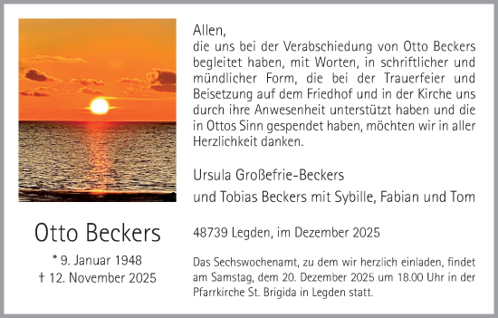 Traueranzeige von Otto Beckers von Münsterland Zeitung