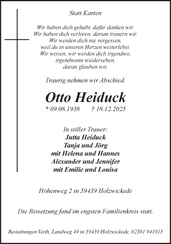 Traueranzeige von Otto Heiduck von Hellweger Anzeiger