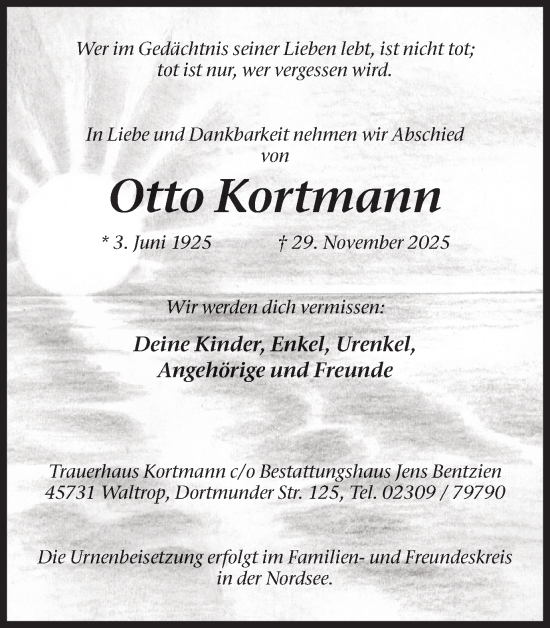 Traueranzeige von Otto Kortmann von Ruhr Nachrichten