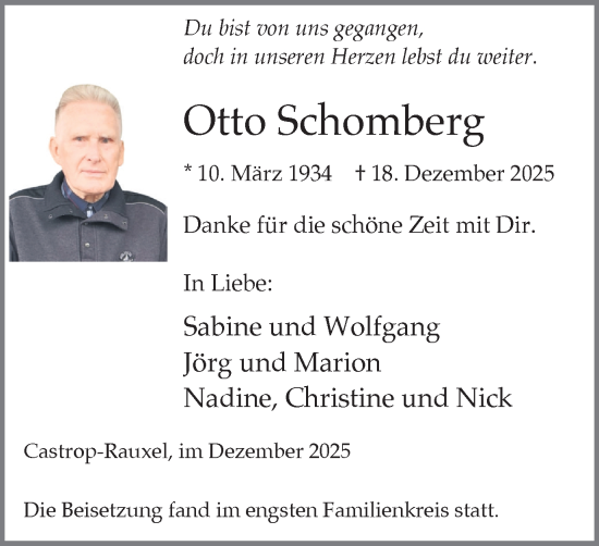 Traueranzeige von Otto Schomberg von Stadtanzeiger Castrop-Rauxel