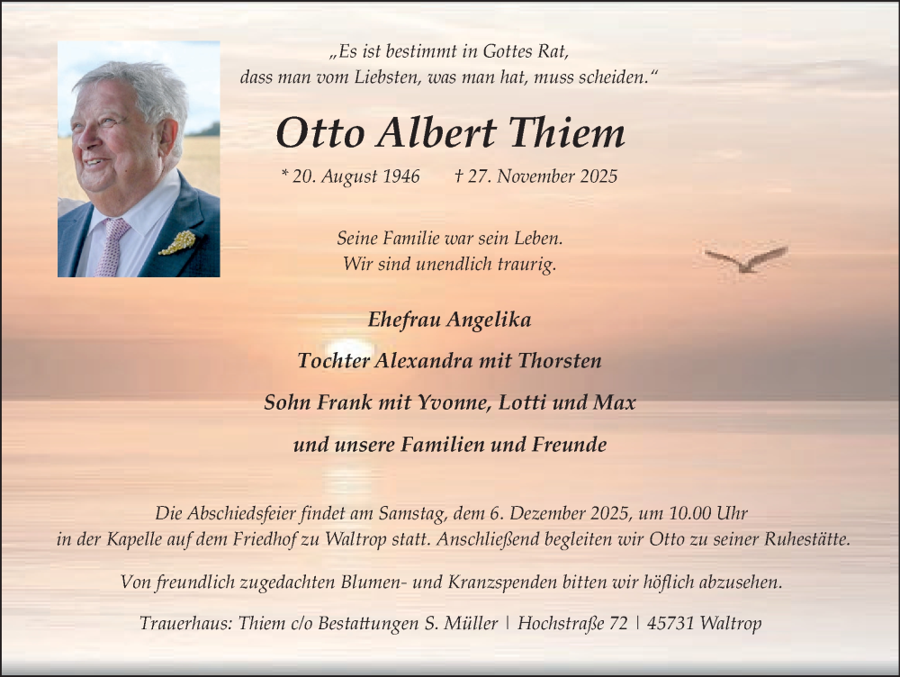  Traueranzeige für Otto Albert Thiem vom 03.12.2025 aus Trauer Vest