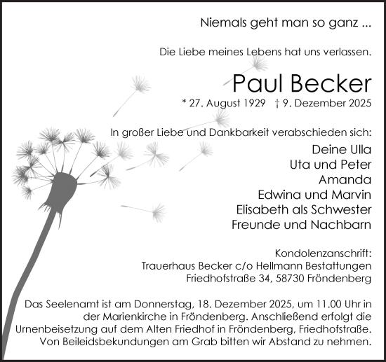 Traueranzeige von Paul Becker von Hellweger Anzeiger