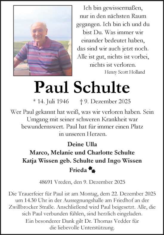 Traueranzeige von Paul Schulte von Münsterland Zeitung