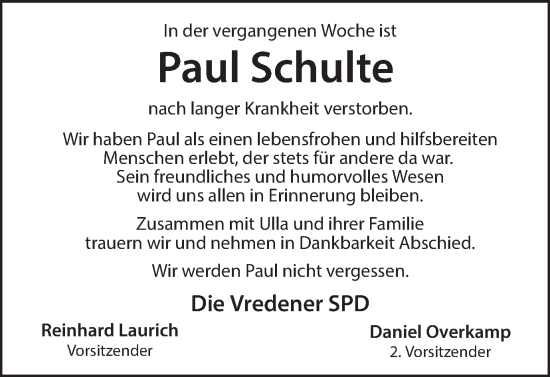 Traueranzeige von Paul Schulte von Münsterland Zeitung