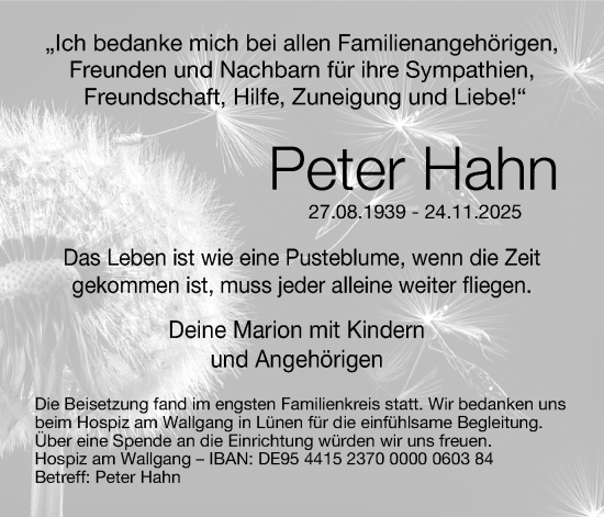 Traueranzeige von Peter Hahn von Lüner Anzeiger