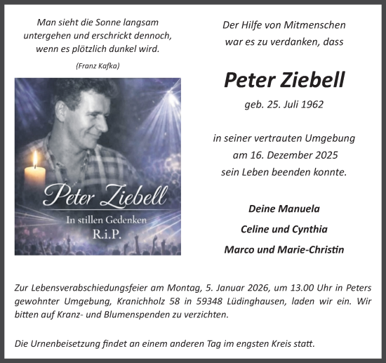 Traueranzeige von Peter Ziebell von Ruhr Nachrichten