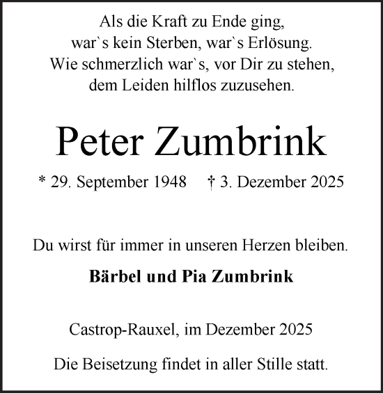 Traueranzeige von Peter Zumbrink von Stadtanzeiger Castrop-Rauxel