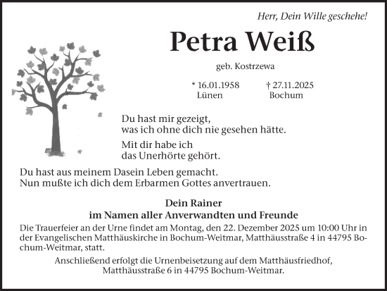 Traueranzeige von Petra Weiß von Ruhr Nachrichten