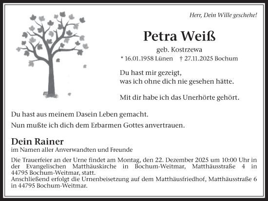Traueranzeige von Petra Weiß von Trauer Vest