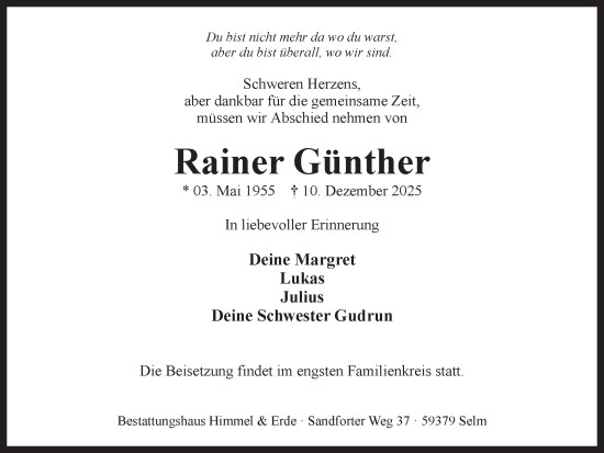 Traueranzeige von Rainer Günther von Ruhr Nachrichten