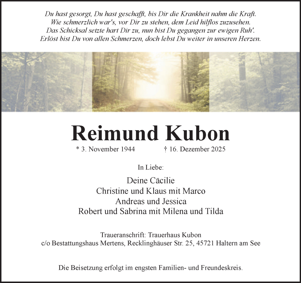  Traueranzeige für Reimund Kubon vom 27.12.2025 aus Ruhr Nachrichten und Halterner Zeitung