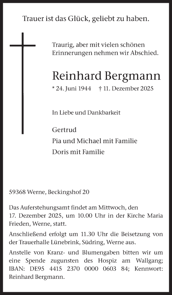 Traueranzeige von Reinhard Bergmann von Ruhr Nachrichten
