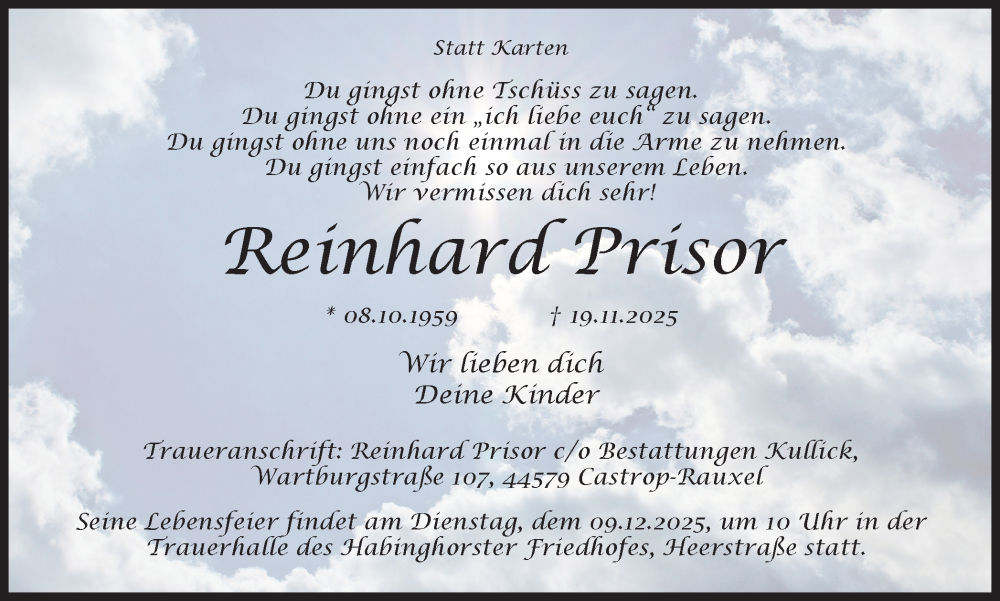  Traueranzeige für Reinhard Prisor vom 06.12.2025 aus Stadtanzeiger Castrop-Rauxel