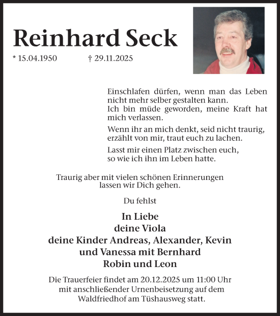 Traueranzeige von Reinhard Seck von Ruhr Nachrichten und Dorstener Zeitung