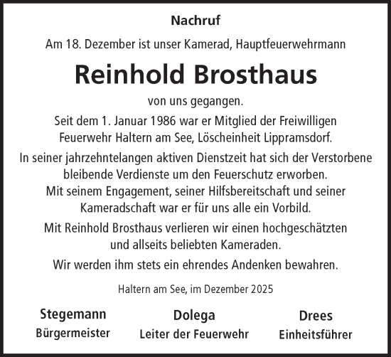 Traueranzeige von Reinhold Brosthaus von Ruhr Nachrichten und Halterner Zeitung
