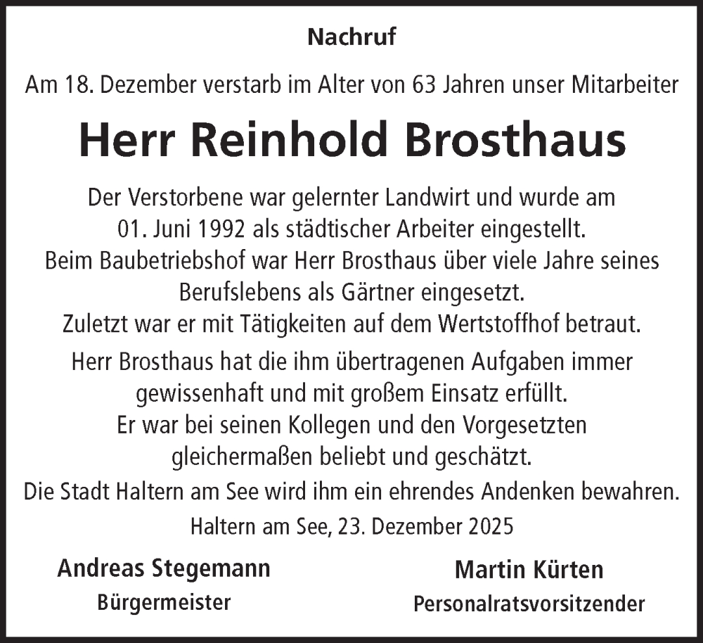 Traueranzeige für Reinhold Brosthaus vom 24.12.2025 aus Ruhr Nachrichten und Halterner Zeitung