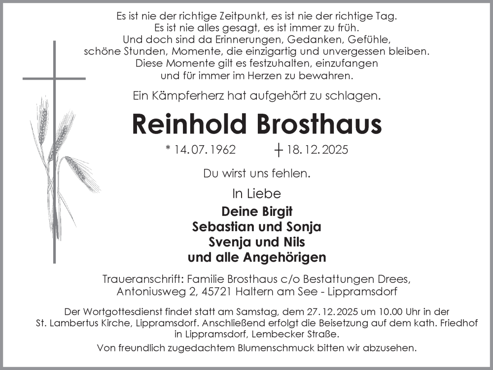  Traueranzeige für Reinhold Brosthaus vom 23.12.2025 aus Ruhr Nachrichten und Halterner Zeitung