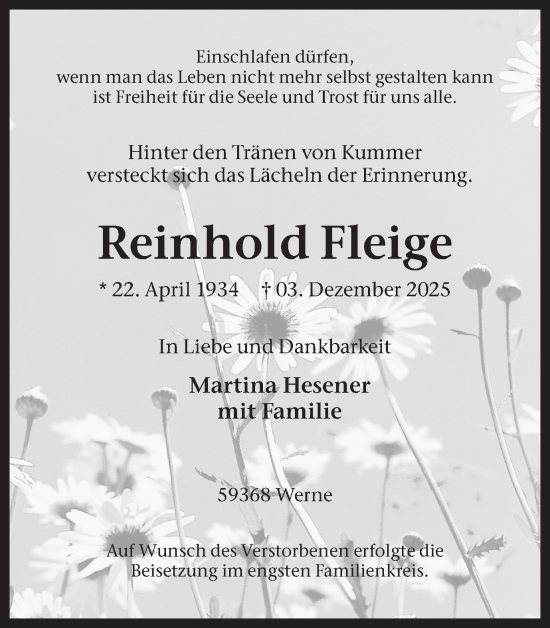 Traueranzeige von Reinhold Fleige von Ruhr Nachrichten