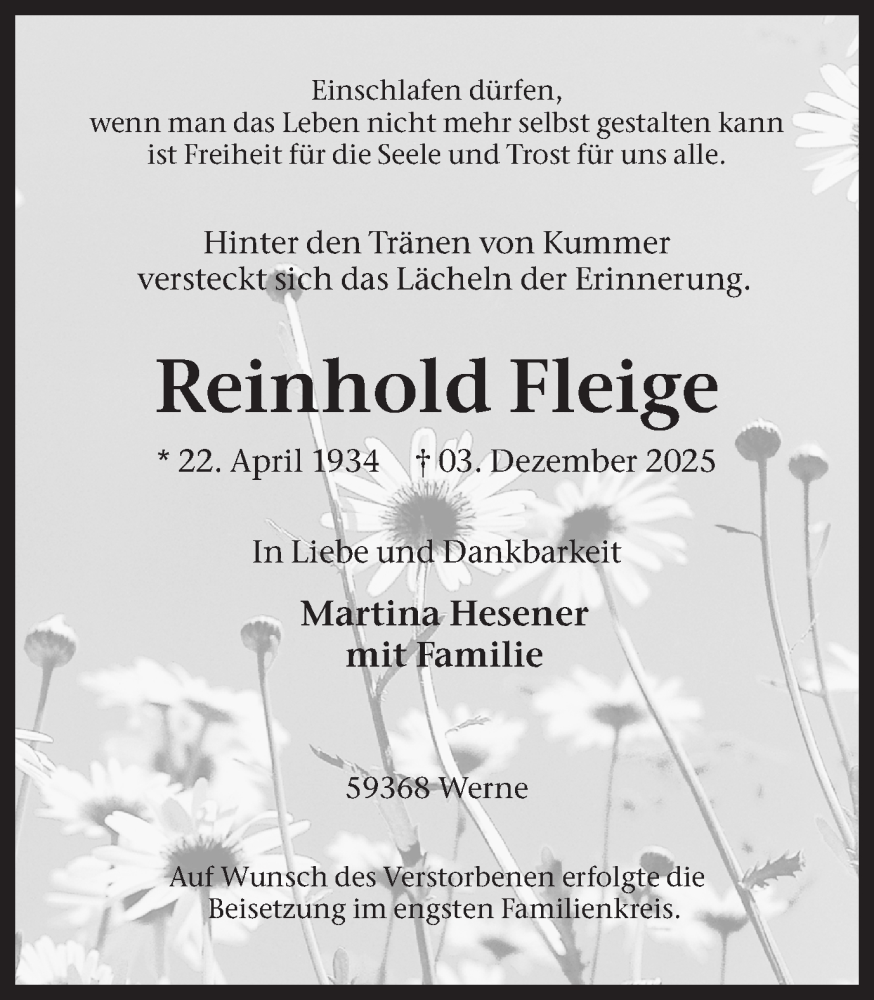  Traueranzeige für Reinhold Fleige vom 20.12.2025 aus Ruhr Nachrichten