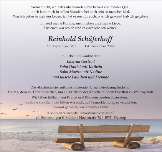 Traueranzeige von Reinhold Schäferhoff von Trauer Vest