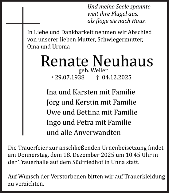 Traueranzeige von Renate Neuhaus von Hellweger Anzeiger