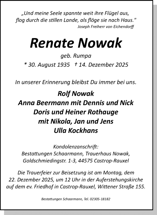 Traueranzeige von Renate Nowak von Stadtanzeiger Castrop-Rauxel