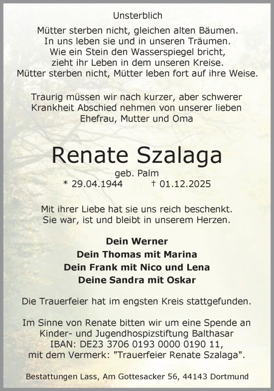 Traueranzeige von Renate Szalaga von Ruhr Nachrichten