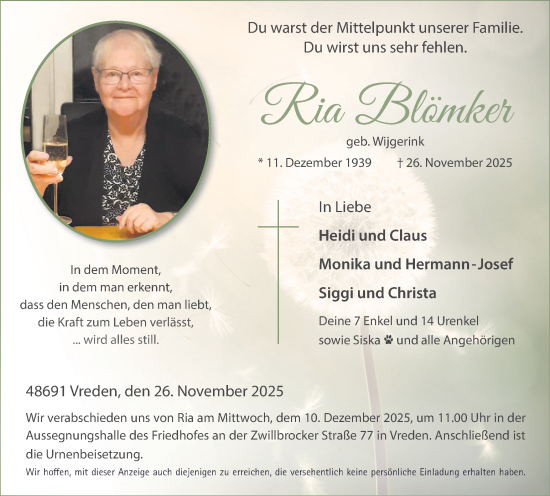 Traueranzeige von Ria Blömker von Münsterland Zeitung