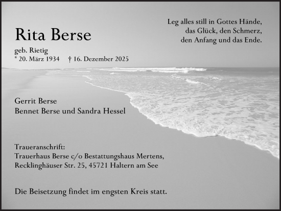 Traueranzeige von Rita Berse von Ruhr Nachrichten und Halterner Zeitung