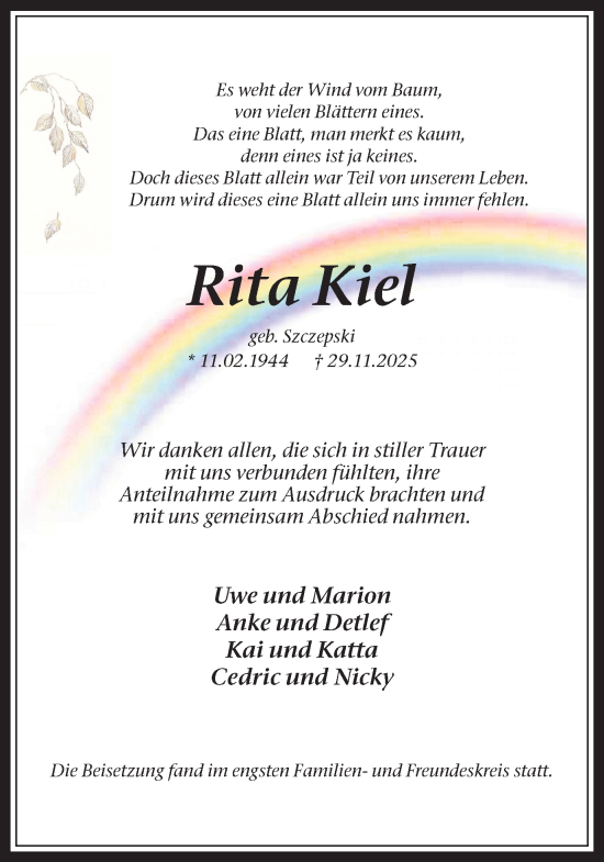 Traueranzeige von Rita Kiel von Trauer Vest