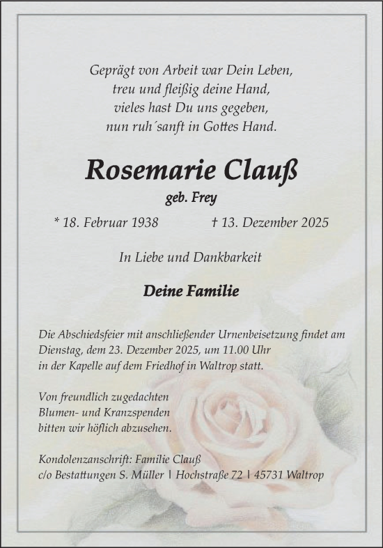 Traueranzeige von Rosemarie Clauß von Trauer Vest