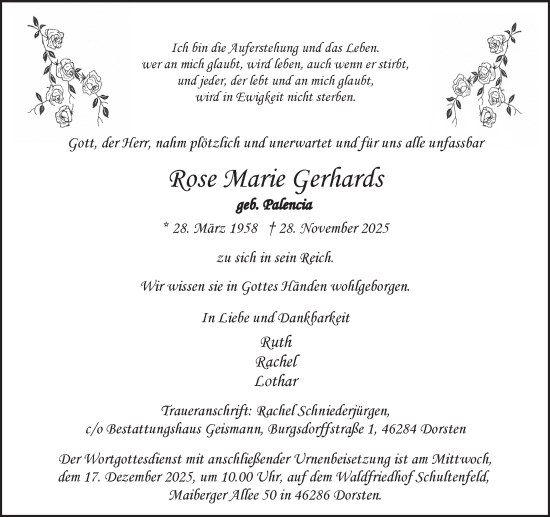 Traueranzeige von Rose Marie Gerhards von Ruhr Nachrichten und Dorstener Zeitung