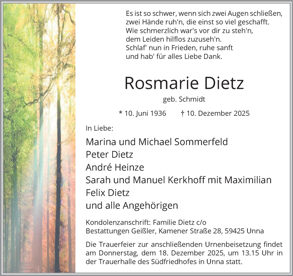  Traueranzeige für Rosmarie Dietz vom 13.12.2025 aus Hellweger Anzeiger