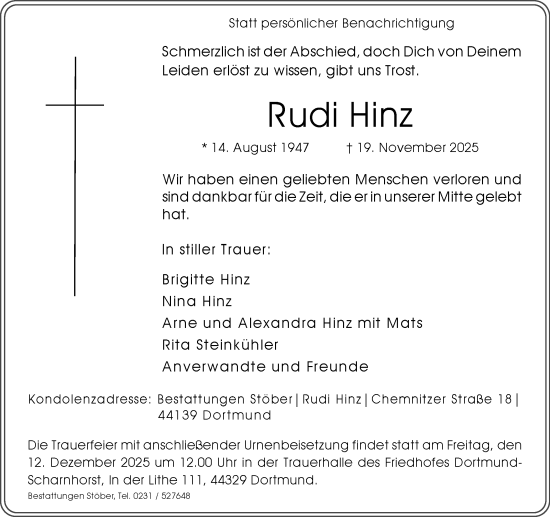 Traueranzeige von Rudi Hinz von Ruhr Nachrichten