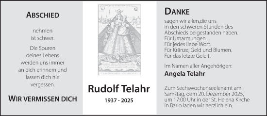 Traueranzeige von Rudolf Telahr 