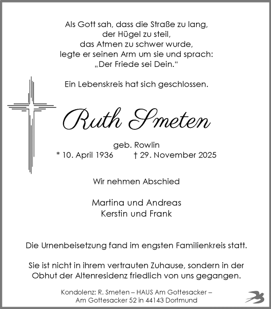Traueranzeige von Ruth Smeten von Ruhr Nachrichten